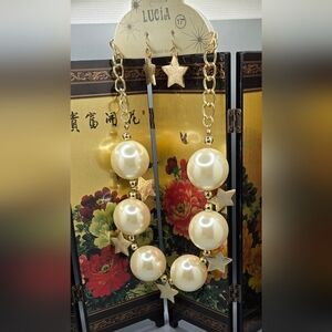 Lucia Statement Necklace & Earring Set 30mm Faux Pearls Gold Tone Stars